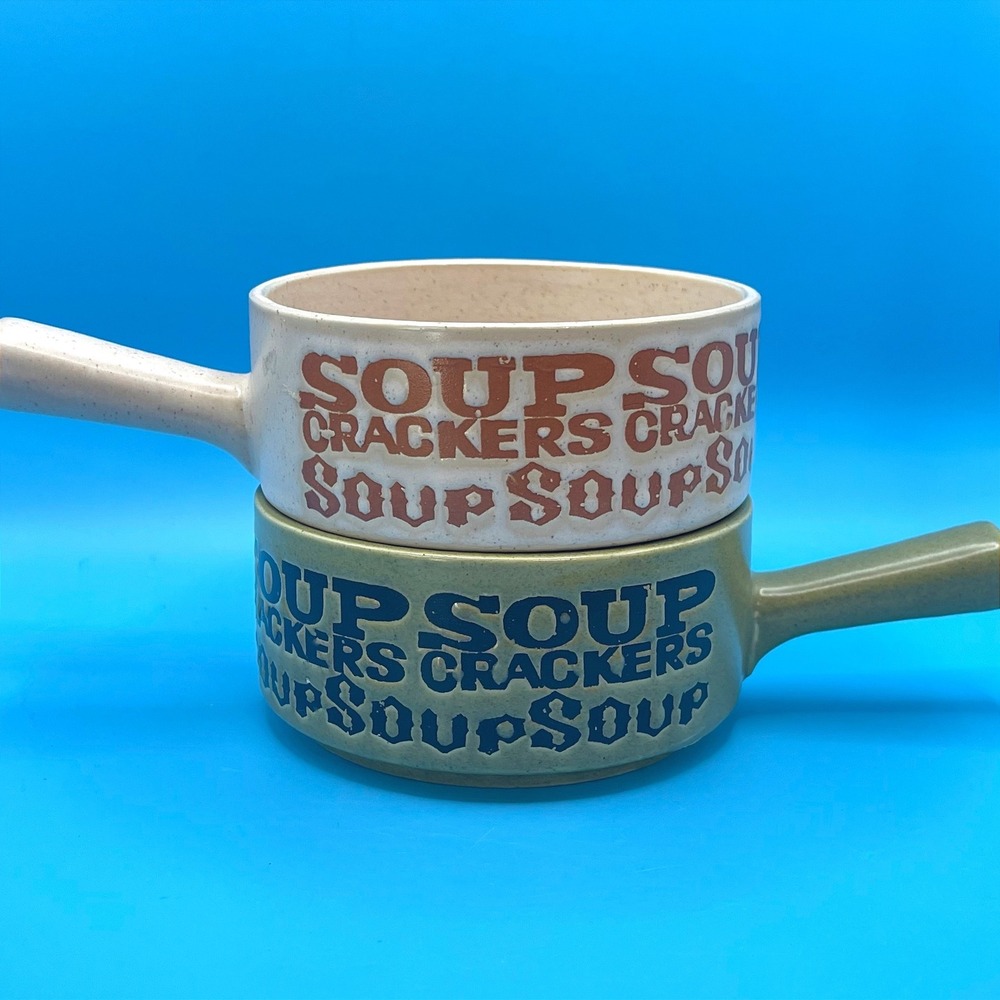 Vintage Soup Crackers Bowls Set of 2 Green Tan Handled Stoneware Retro Japan 70s